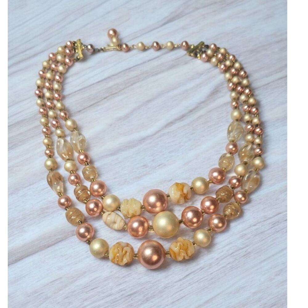 Champagne Pink Layered Beaded Necklace Vintage Japan - Classic Romance